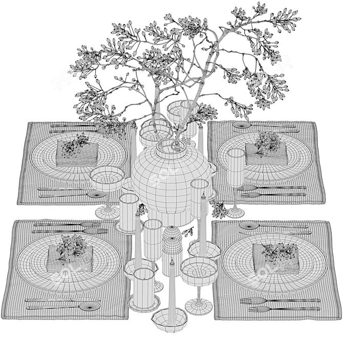 Elegant Tableware Set: Berry Branch, Dark Ceramic, Bronze Candle Holders 3D model image 3