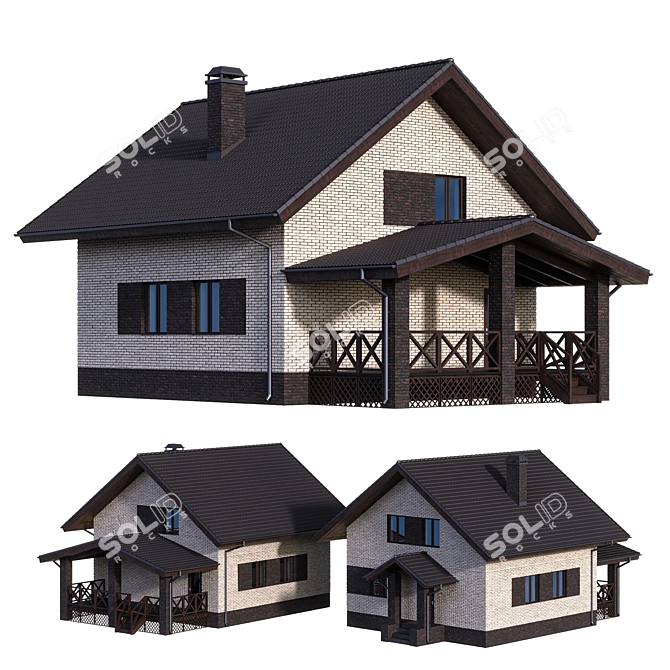 Modern Brick House with Wooden Terrace 3D model image 1