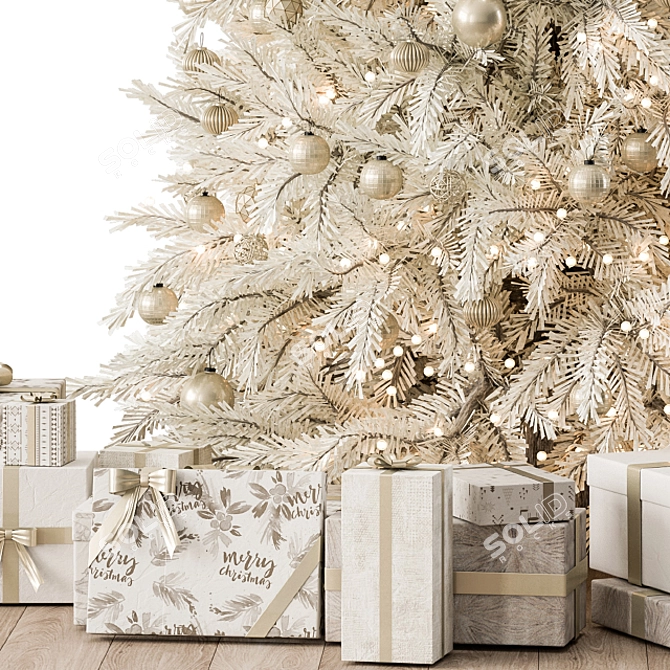 Snowy Splendor: White and Gold Christmas Tree 3D model image 2