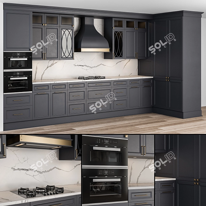 Elegant Navy Blue & Gold Kitchen Set 3D model image 1