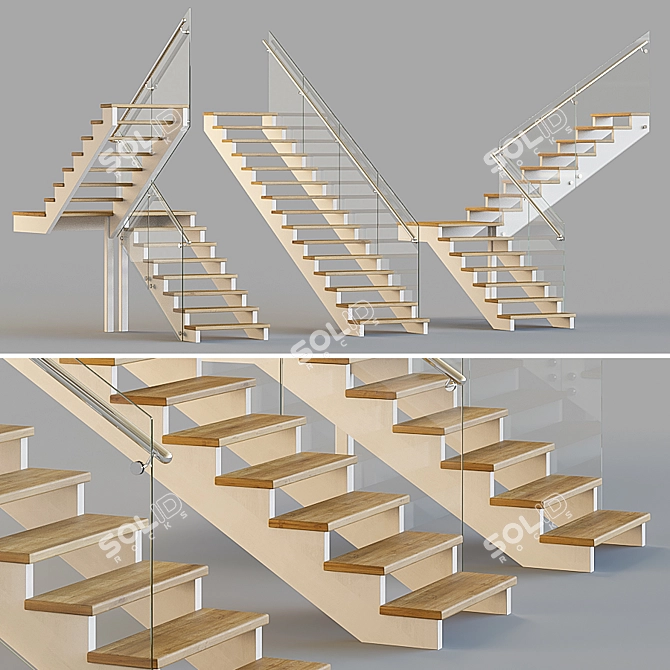 Wooden Stairs with Glass Railings 3D model image 1