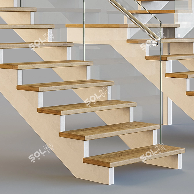 Wooden Stairs with Glass Railings 3D model image 3