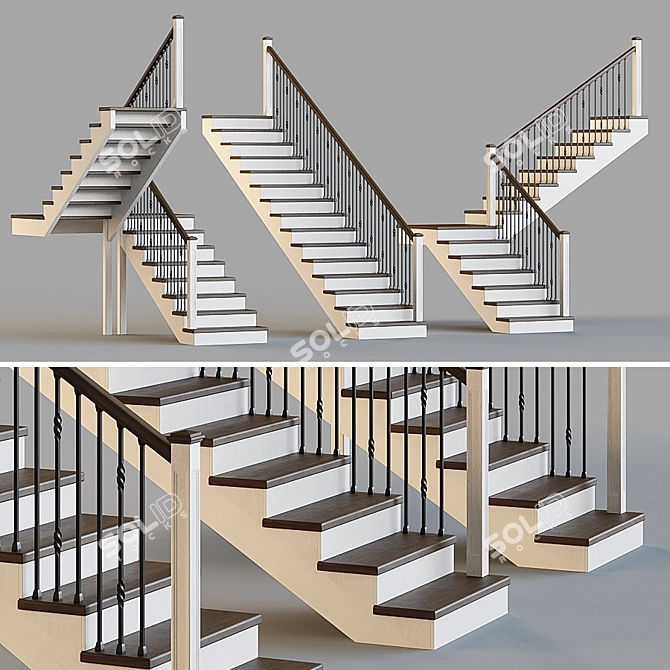 Wooden Stairs with Metal Balusters 3D model image 1
