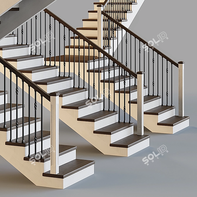 Wooden Stairs with Metal Balusters 3D model image 2