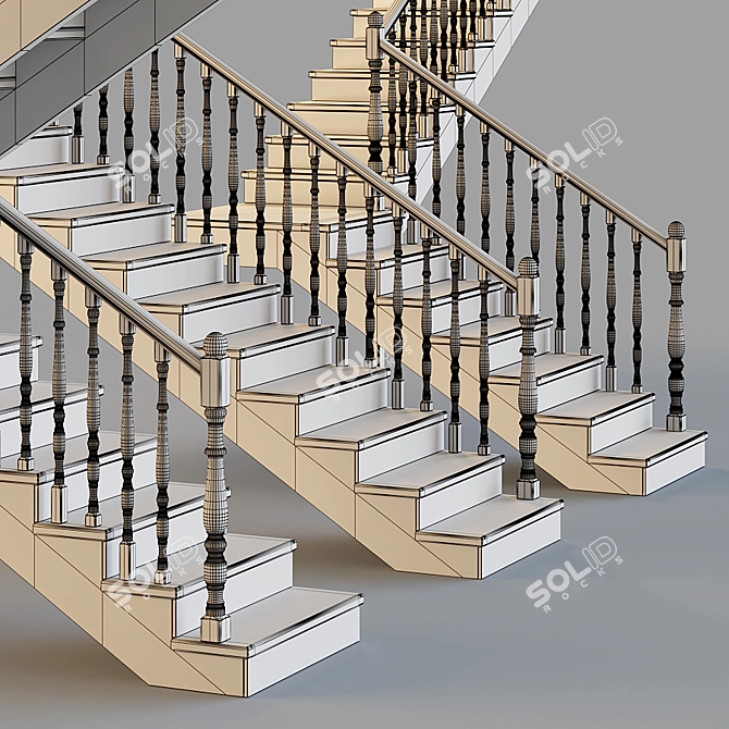 Elegant Carved Wood Stairs 3D model image 4