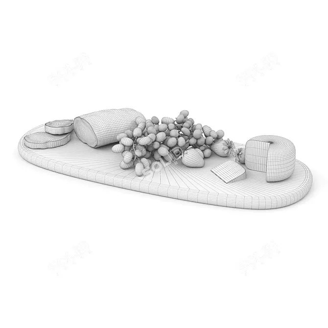 Picnic Essentials: Bread, Grapes, Cheese & Strawberries 3D model image 2