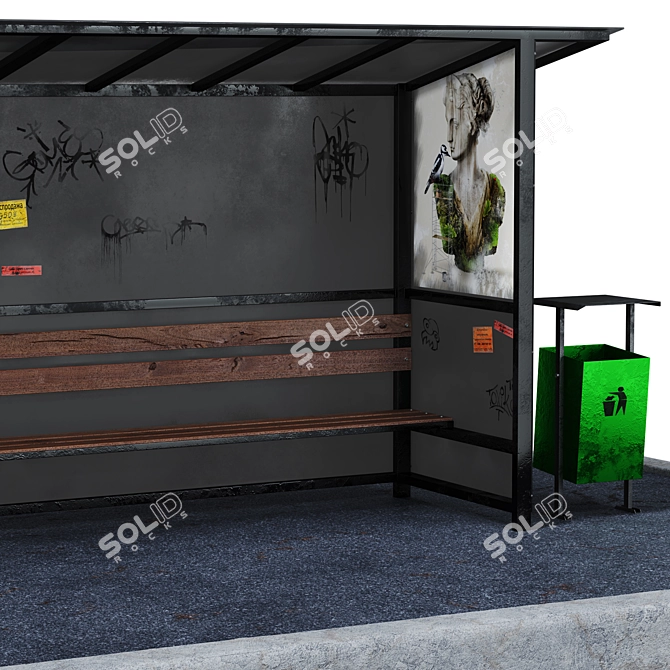 Urban Bus Stop with Trash Bin and Sign 3D model image 2