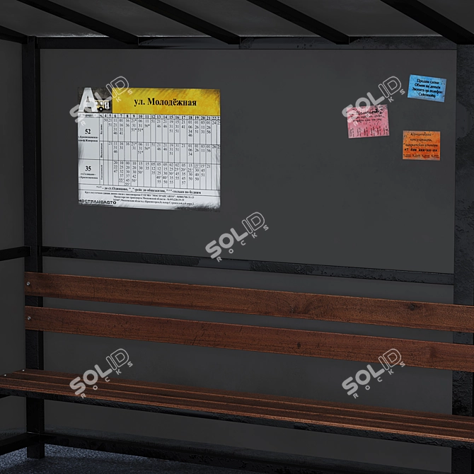 Urban Bus Stop with Trash Bin and Sign 3D model image 3