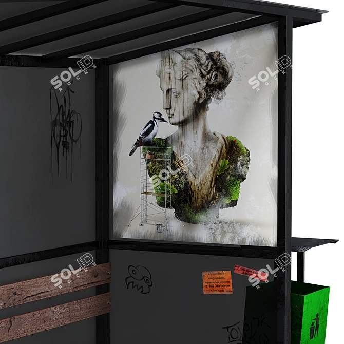 Urban Bus Stop with Trash Bin and Sign 3D model image 4