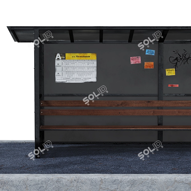 Urban Bus Stop with Trash Bin and Sign 3D model image 5