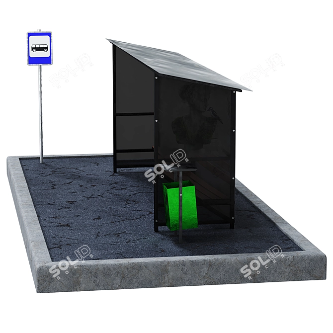 Urban Bus Stop with Trash Bin and Sign 3D model image 6