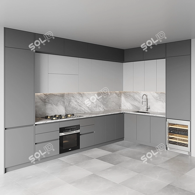 Modern Kitchen Set with Gas Hob, Oven, Wine Fridge, Sink, and Hood 3D model image 2