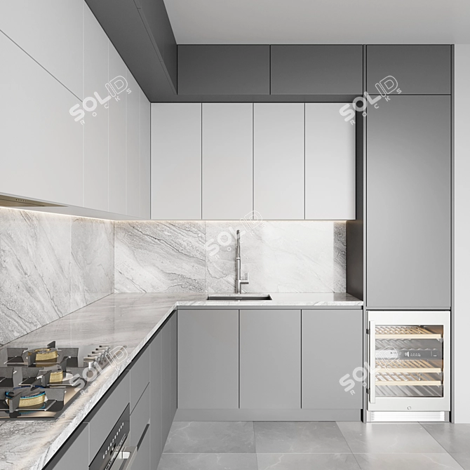 Modern Kitchen Set with Gas Hob, Oven, Wine Fridge, Sink, and Hood 3D model image 3