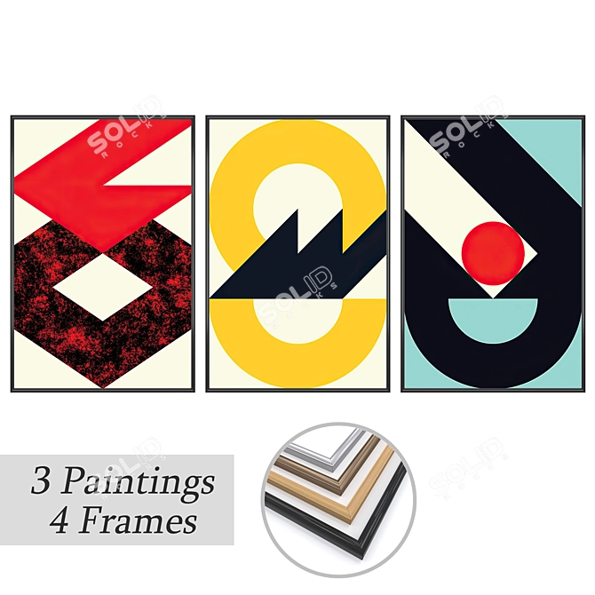 Elegant Painting Set - 3 Artworks with Multiple Frame Options 3D model image 1