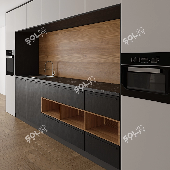 Sleek Black & White Wood Kitchen 3D model image 2