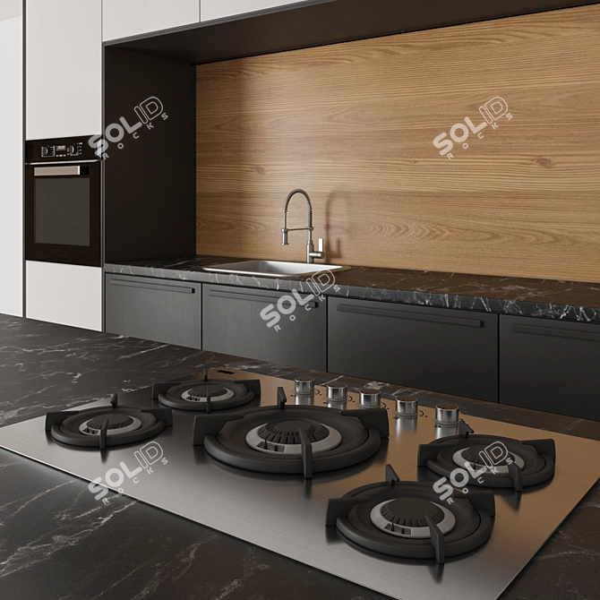 Sleek Black & White Wood Kitchen 3D model image 4