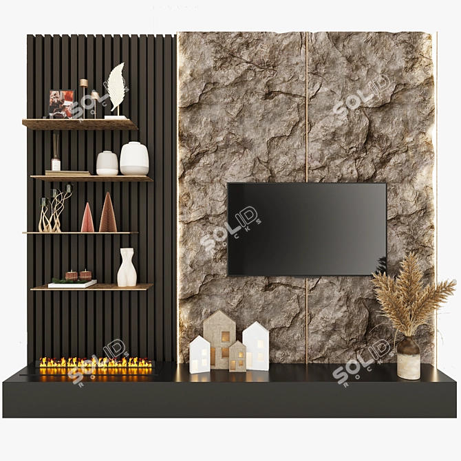 Modern TV Wall Unit with Decor and Bioethanol Fireplace 3D model image 7