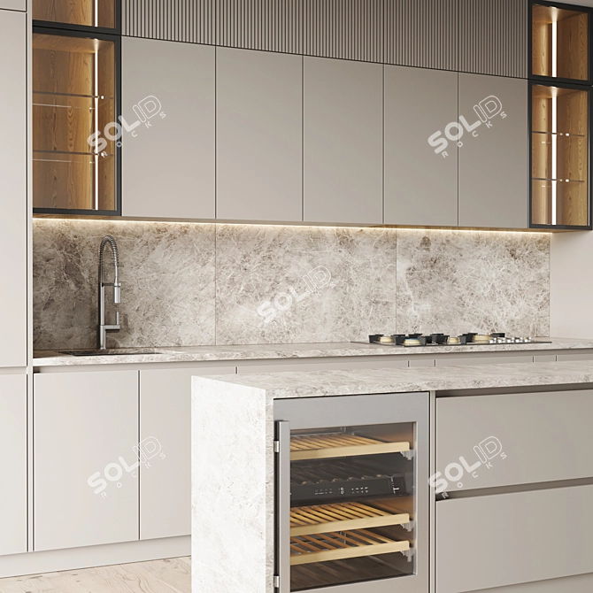 Modern Kitchen Set with Gas Hob, Oven, Wine Fridge, Sink, and Hood 3D model image 3