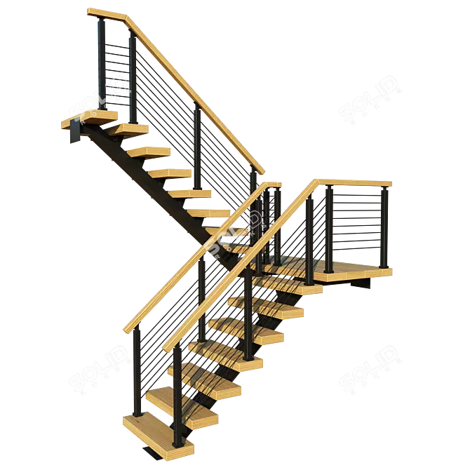 Title: Wooden P-Shaped Staircase with Metal Frame 3D model image 3