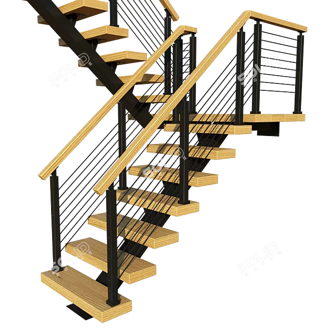 Title: Wooden P-Shaped Staircase with Metal Frame 3D model image 4