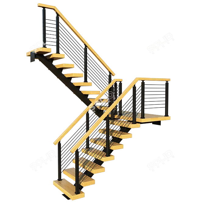 Title: Wooden P-Shaped Staircase with Metal Frame 3D model image 1