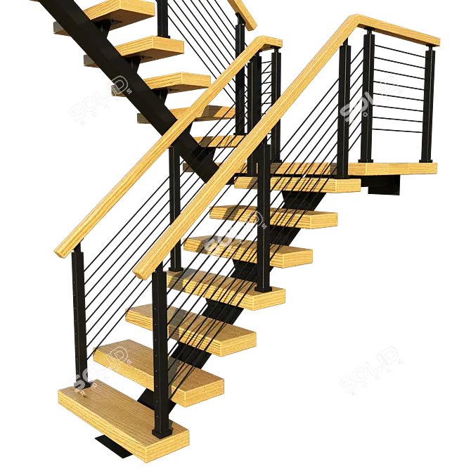 Title: Wooden P-Shaped Staircase with Metal Frame 3D model image 2