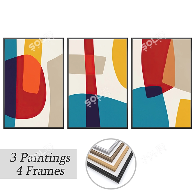 Elegant Frame Set with 3 Paintings 3D model image 1