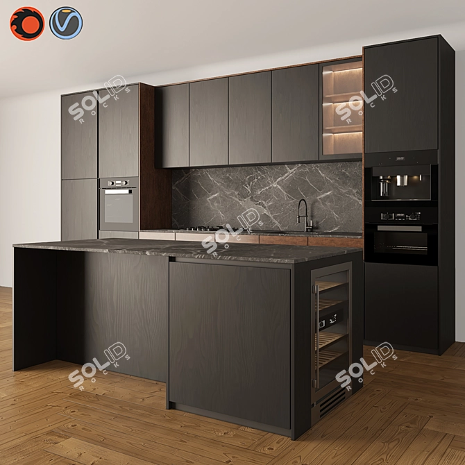 Sleek Black & Wood Kitchen Set 3D model image 1