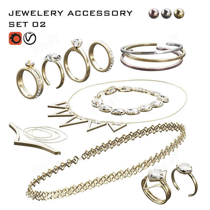 Gold, Silver & Crystal Necklaces-Bracelets Set 3D model image 1