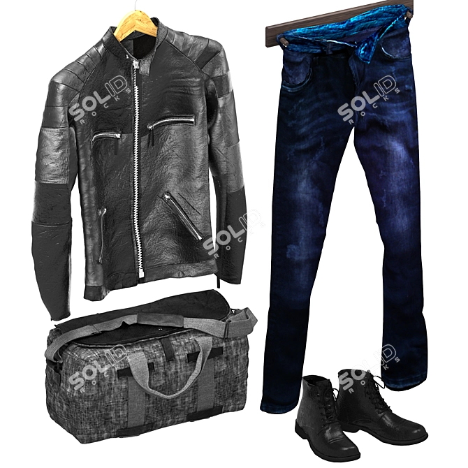 Stylish mens set: jacket, bag, boots, jeans 3D model image 1