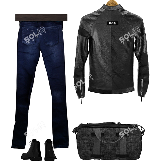Stylish mens set: jacket, bag, boots, jeans 3D model image 2