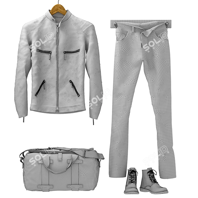 Stylish mens set: jacket, bag, boots, jeans 3D model image 5