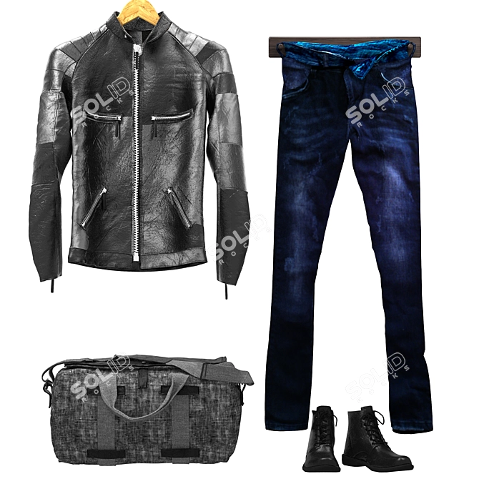 Stylish mens set: jacket, bag, boots, jeans 3D model image 6