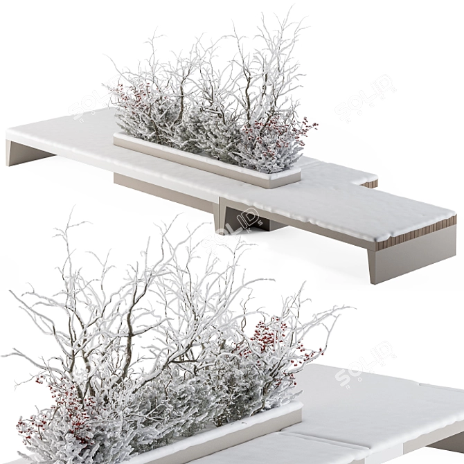 Snowy Urban Bench Set with Plants 3D model image 1