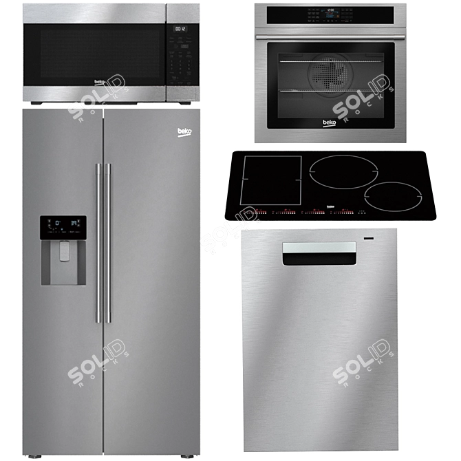 Bekko Kitchen: Refrigerator, Dishwasher, Microwave, Oven, Induction Cooktop 3D model image 1