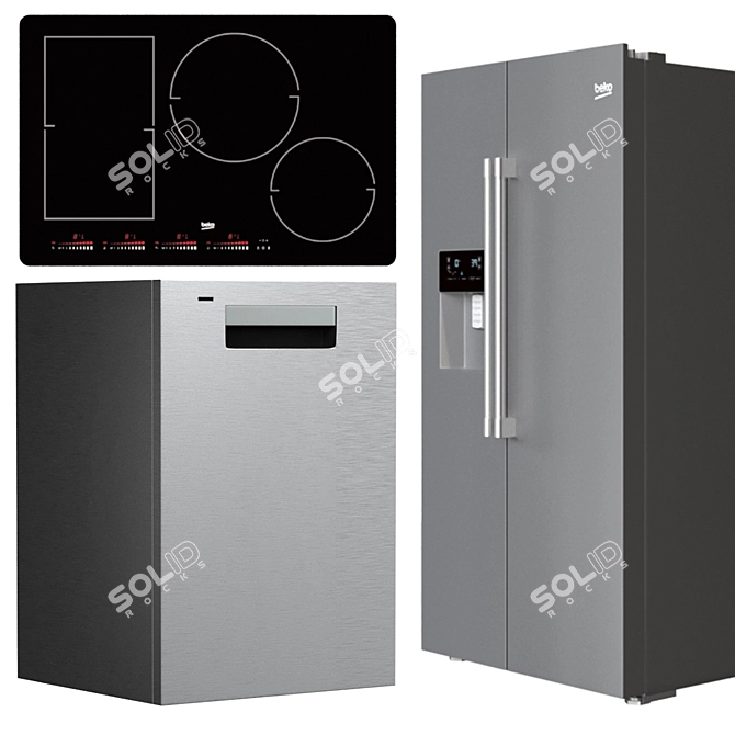 Bekko Kitchen: Refrigerator, Dishwasher, Microwave, Oven, Induction Cooktop 3D model image 3