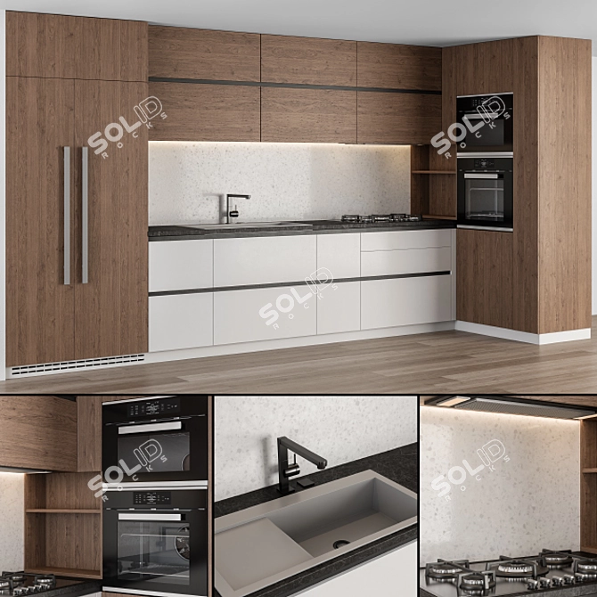 Modern White and Wood Kitchen Cabinets 3D model image 1