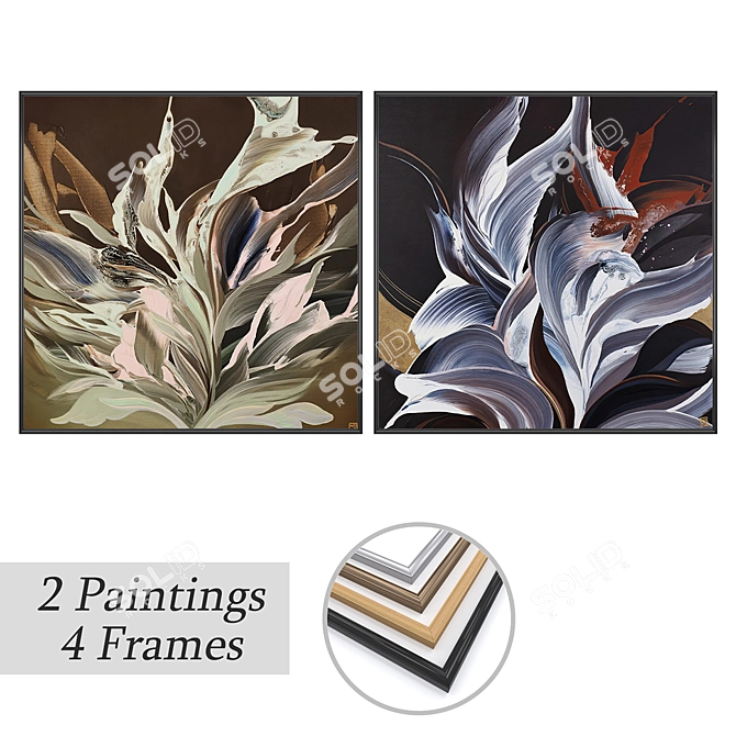 "Artful Impressions: 2 Paintings with 4 Stylish Frames 3D model image 1