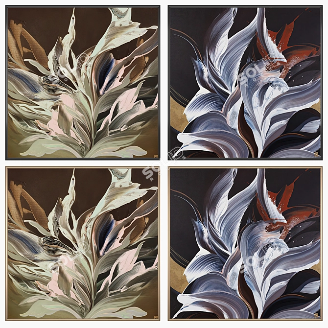 "Artful Impressions: 2 Paintings with 4 Stylish Frames 3D model image 2
