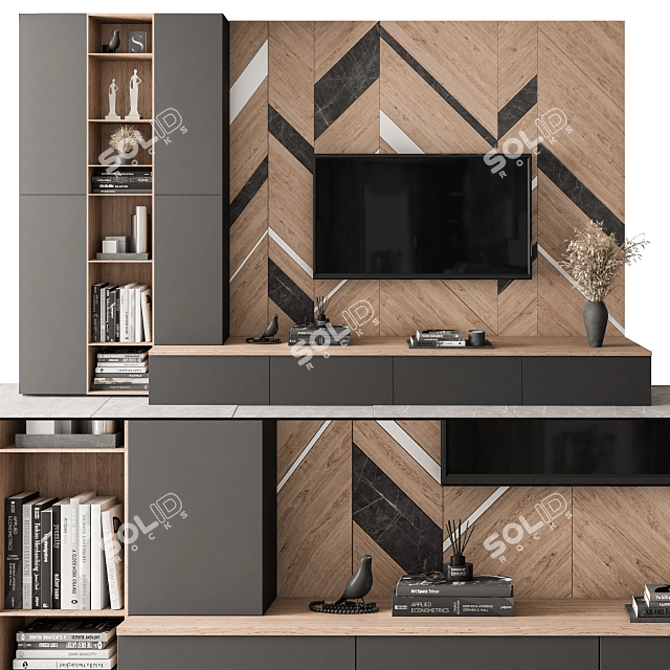 Modern Wood and Black TV Wall 3D model image 1