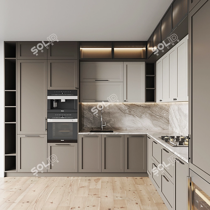 Modern Kitchen Set with Gas Hob, Oven, Coffee Machine, Wine Fridge, Sink & Hood 3D model image 2