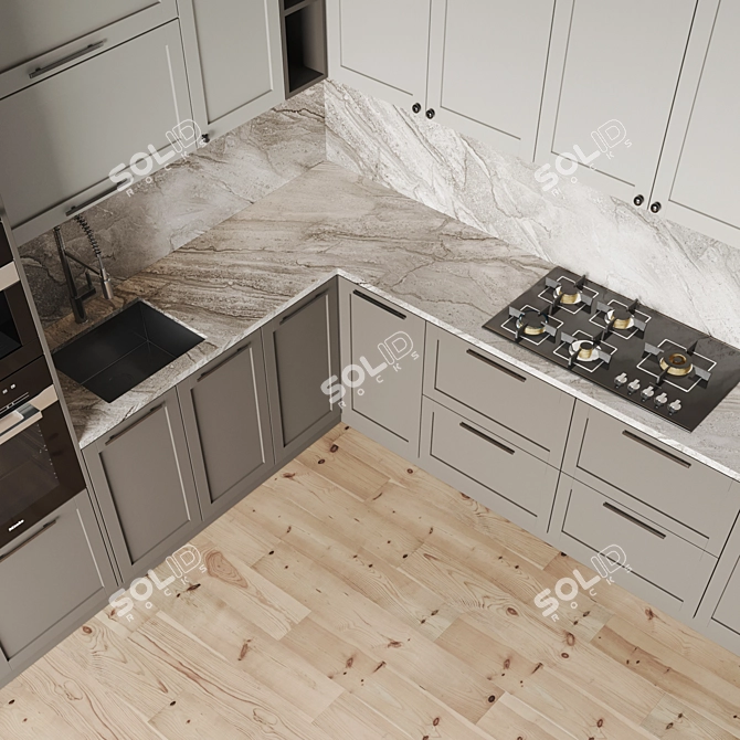 Modern Kitchen Set with Gas Hob, Oven, Coffee Machine, Wine Fridge, Sink & Hood 3D model image 4