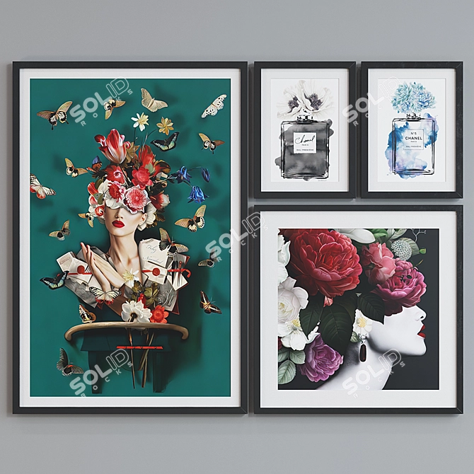 Modern Picture Frame Set with Women Portraits & Perfume Bottles 3D model image 2