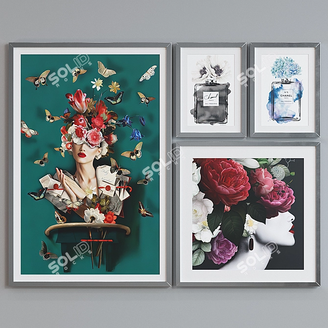 Modern Picture Frame Set with Women Portraits & Perfume Bottles 3D model image 4