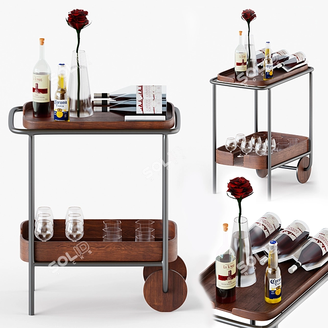 Sleek Walnut Bar Cart 3D model image 1