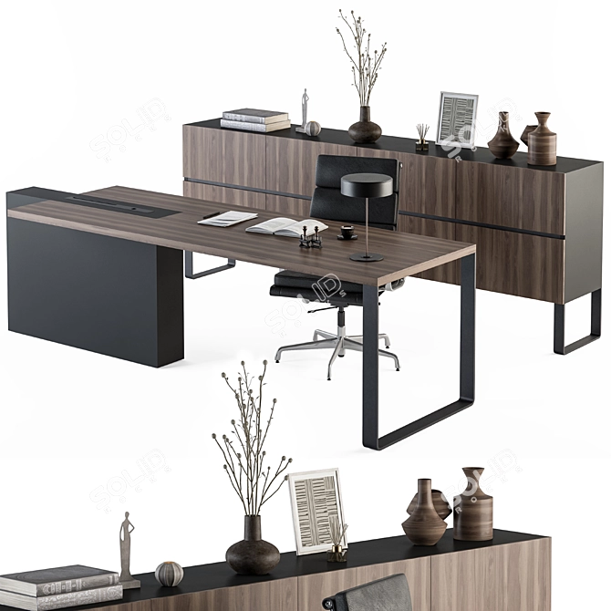 Wood and Black Manager Desk 3D model image 2