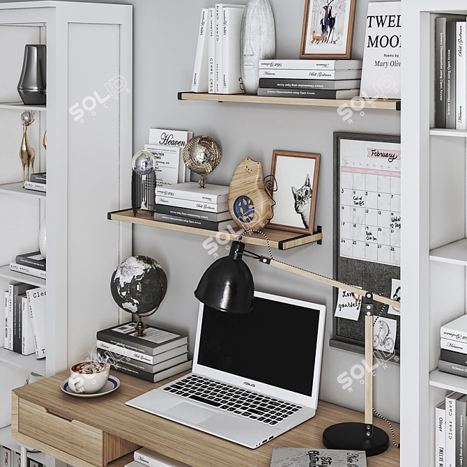 Modern Workplace Set in White: Chair, Shelving, Laptop, Lamp & Desk 3D model image 2