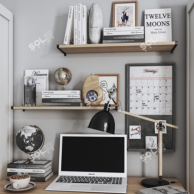 Modern Workplace Set in White: Chair, Shelving, Laptop, Lamp & Desk 3D model image 3