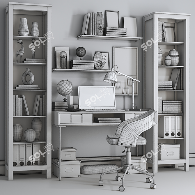 Modern Workplace Set in White: Chair, Shelving, Laptop, Lamp & Desk 3D model image 4