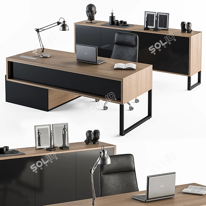 Wood and Black Manager Desk - Office Furniture 3D model image 2